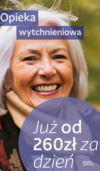 Reklama usług opieki wytchnieniowej, obrazek przedstawia starszą uśmiechniętą kobietę na górze napis opieka wytchnieniowa, na dole już od 260 zł na dzień wielkość obrazka 350x600